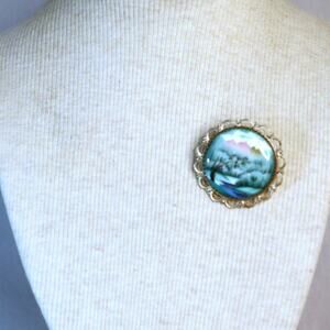 Scenic Cameo Brooch Blowing Tree Flowing River Pink Mountaintops Filigree Frame